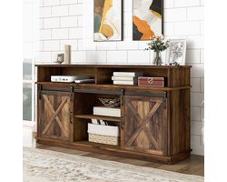 HAUSS SPOLE TV meubel - Groot TV-meubel met 2 Schuifdeuren en 8 Opbergvakken - Modern/Bohème stijl - Voor woonkamer en eetkamer - 148x40x78 cm - Spaanplaat - Bruin