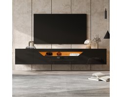 HAUSS SPOLE TV-Meubel - Hangend Met Hoogglans En LED, 3 Opbergvakken - Voor Woonkamer En Entertainment - Spaanplaat - 180x37x36 cm - Zwart/Naturel