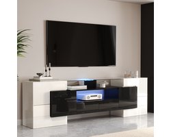 HAUSS SPOLE TV-Meubel - Hoogglans Tv-Kast Met LED En Ruime Opberging - 4 Deuren 2 Lades 3 Vakken Voor Woonkamer En Media - Spaanplaat - 200x35x60 cm - Wit/Zwart