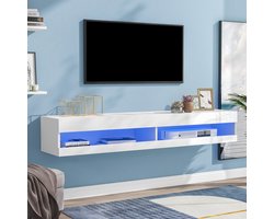 HAUSS SPOLE TV meubel - Hoogglans TV-meubel met marmeren paneel en LED-verlichting - Voor woonkamer, eetkamer en slaapkamer - 140x40x30,5 cm - MDF - Wit