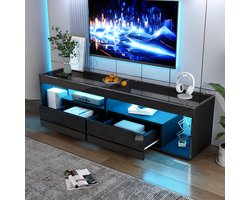 HAUSS SPOLE TV-Meubel - Hoogglans Zwart Met RGB-LED En 2 Lades - Dimbare LED Met Afstandsbediening - Woonkamer En Slaapkamer - Spaanplaat - 180x40x46 cm - Zwart