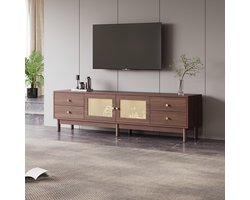 HAUSS SPOLE TV meubel - Houten TV-kast 1,8 m met 2 Rattan-deuren en 4 lades - Kabelmanagement en hydraulische scharnieren - Geschikt voor 80-Zoll televisie - 180x35x44 cm - Hout - Bruin