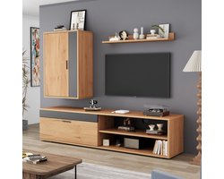 HAUSS SPOLE TV meubel - Houtkleur TV-meubel met 2 deuren en 2 halfoffene lades - Compleet set: TV-kast, Wandschrank, Wandrek - Voor woonkamer, eetkamer en slaapkamer - 140x35x39 cm - Spaanplaat - Houtkleur
