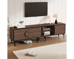 HAUSS SPOLE TV-Meubel - Laag Meubel Met 3 Deuren En 2 Open Planken - Zwarte Deuren En Houtnerf Voor Woonkamer - Spaanplaat - 180x35x49 cm - Donker Eiken