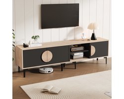 HAUSS SPOLE TV-meubel - Laag TV-Dressoir Met 3 Deuren En 2 Open Vakken - Contrasterende Zwarte Deuren Met Natuur Eikenprint - Spaanplaat Met 7 PVC-Poten - 180x35x49 cm - Zwart/Eiken