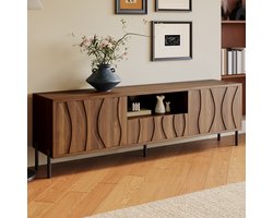 HAUSS SPOLE TV-Meubel - Modern TV-Kast Met Golvende Deuren En Veel Opbergruimte, Slanke IJzeren Poten En Kabeldoorvoer - MDF - 160x35x46 cm - Naturel