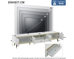 HAUSS SPOLE TV meubel - Modern TV-meubel met Marmor-Optiek, 3 Schubladen en Kabelmanagement - Voor televisies tot 90 inch - Voor woonkamer en slaapkamer - 200x40x46 cm - Spaanplaat - Wit