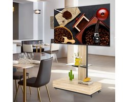 HAUSS SPOLE Tv Meubel Op Wielen - Verstelbare Tv Standaard 32 Tot 75 Inch - Met Glazen Legplank En Lade - Metaal En Mdf - 80x40 Cm - Naturel