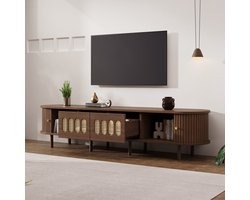 HAUSS SPOLE Tv-Meubel - Ovale Vorm Met Rotan Ladefronten En Rolluikdeuren - Voor Woonkamer En Grote Tv - MDF - Walnoot - 180x40x40 Cm