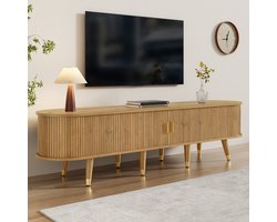 HAUSS SPOLE Tv-Meubel - Tv-Kast Met Glijdende Schuifdeuren En Ruime Opbergruimte, Lade En Open Planken, Goudkleur Grepen En Poten - MDF - 175x38x45 cm - Houtnerf