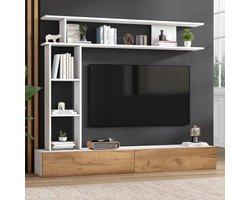 HAUSS SPOLE TV meubel - TV-kast set met verticaal presentatiekast en open vakken - Voor woonkamer, eetkamer en slaapkamer - 180x35x22,5 cm - Spaanplaat - Naturel