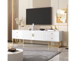 HAUSS SPOLE TV meubel - TV-Lowboard Met 2 Deuren En 4 Lades - Gouden Handgrepen En Poten - Rechthoekig - Voor Woonkamer, Eetkamer En Slaapkamer - 175 L x 30 B x 46 H cm - MDF - Wit