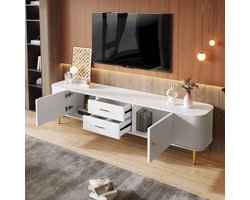 HAUSS SPOLE Tv-Meubel - Veilig Rond Design Met Golvende Zijkanten - 2 Lades En 2 Deuren Voor Woonkamer - MDF - Wit Goud - 170x34x45 Cm