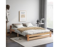 HAUSS SPOLE Tweepersoonsbed 140x200 cm - Klassiek Bed Met Hoofdeinde - Stevig Grenenhout - Lattenbodem Inclusief - Naturel