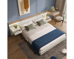 HAUSS SPOLE Tweepersoonsbed 160x200 cm - Bed Met 2 LED-Nachtkastjes En USB-C Aansluiting - Inclusief Lattenbodem - Massief Hout - Naturel Zonder Matras