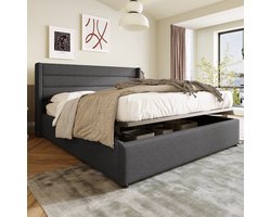 HAUSS SPOLE Tweepersoonsbedden 140x200 cm - Gestoffeerd Bed Hydraulisch Opbergruimte - Lattenbodem Metaal - Bed Met Opbergruimte - Linnen - Grijs