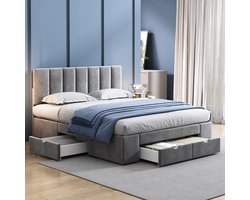 HAUSS SPOLE Tweepersoonsbedden 140x200 cm - Gestoffeerd Bed Met 4 Lades - Praktisch Bed Met Opbergruimte, Inclusief Lattenbodem - Hout - Grijs