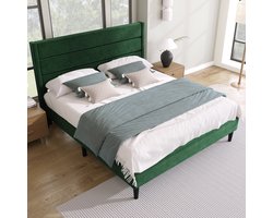 HAUSS SPOLE Tweepersoonsbedden 140x200 cm - Gestoffeerd Bed Met Lattenbodem En Hoofdeinde - Linnen - Donkergroen (exclusief Matras)