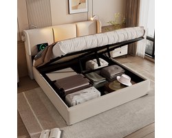 HAUSS SPOLE Tweepersoonsbedden 140x200 cm - Gestoffeerd Bed Met Opbergruimte En LED Licht - Massief Hout - Beige