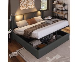HAUSS SPOLE Tweepersoonsbedden 140x200 cm - Gestoffeerd Bed Met Opbergruimte En LED Licht - Massief Hout - Grijs