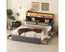 HAUSS SPOLE Tweepersoonsbedden 140x200 cm - Gestoffeerd Bed Met Opbergruimte En LED Verlichting - USB Type-C Oplaadfunctie - Linnen - Grijs
