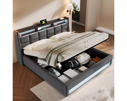 HAUSS SPOLE Tweepersoonsbedden 140x200 cm - Gestoffeerd Tweepersoonsbed Met LED En USB - Bedbodem - Linnen - Grijs (Zonder matras)