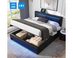 HAUSS SPOLE Tweepersoonsbedden 140x200 cm - Tweepersoonsbedden Met Hydraulische Opbergruimte En USB-Oplader - PU - Zwart