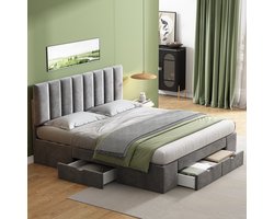 HAUSS SPOLE Tweepersoonsbedden 160x200 cm - Gestoffeerd Bed Met 4 Lades - Praktisch Bed Met Opbergruimte Onder Lattenbodem - Hout - Grijs
