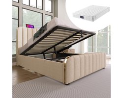 HAUSS SPOLE Tweepersoonsbedden - 160x200 cm - Gestoffeerd Bed met Gouden Hoofdbord Strepen - USB Type-C Oplaadfunctie - Hydraulisch Bed met Opbergruimte - Linnen - Beige