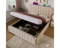 HAUSS SPOLE Tweepersoonsbedden - 160x200 cm - Gestoffeerd Bed met Gouden Hoofdbord - USB Type-C Oplaadfunctie - Bed met Opbergruimte - Linnen - Beige