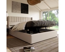HAUSS SPOLE Tweepersoonsbedden 160x200 cm - Gestoffeerd Bed Met Hydraulische Opbergruimte - Lattenbodem Inclusief Multifunctioneel Opbergbed - Linnen - Beige