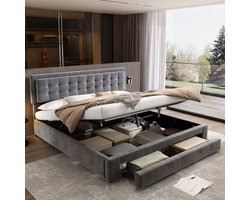 HAUSS SPOLE Tweepersoonsbedden - 160x200 cm - Gestoffeerd Bed Met Opbergruimte En 2 Lades - Hydraulisch Voor Efficiënt Ruimtegebruik - Fluweel - Grijs