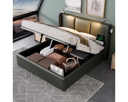 HAUSS SPOLE Tweepersoonsbedden 160x200 cm - Gestoffeerd Bed Met Opbergruimte En LED Licht - Massief Hout - Grijs