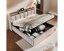 HAUSS SPOLE Tweepersoonsbedden 160x200 cm - Gestoffeerd Tweepersoonsbed Met LED En USB - Bedbodem - Linnen - Beige (Zonder matras)