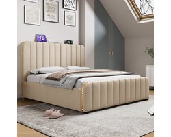 HAUSS SPOLE Tweepersoonsbedden - 180x200 cm - Gestoffeerd Bed met Gouden Strepen Hoofdbord - USB Type-C Opladen - Hydraulisch Bed met Opbergruimte - Linnen - Beige