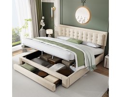 HAUSS SPOLE Tweepersoonsbedden - 180x200 cm - Gestoffeerd Bed Met Opbergruimte En Lades - Praktisch En Comfortabel Voor Slaapkamer - Fluweel - Beige