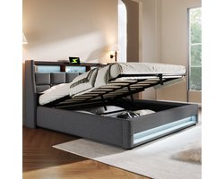 HAUSS SPOLE Tweepersoonsbedden 180x200 cm - Gestoffeerd Tweepersoonsbed Met LED En USB - Bedbodems - Linnen - Grijs (Zonder matras)
