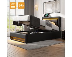 HAUSS SPOLE Tweepersoonsbedden 90x200 cm - Tweepersoonsbedden Met Opbergruimte En USB-Oplaadfunctie - PU - Zwart