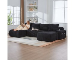 HAUSS SPOLE U Bank - Modulaire 4 Zits Zitbank Met 2 Hockers - Met Bekerhouder En Opbergvak - Voor Woonkamer En Familiekamer - Corduroy Zwart