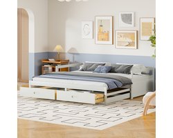 HAUSS SPOLE Uitschuifbed 90x200 cm - Uitschuifbaar Tot 180x200 cm - Met Twee Opberglades - Voor Gasten En Kleine Woningen - Dennenhout - Wit - Zonder matras