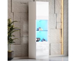 HAUSS SPOLE Vitrinekast 45x35x160cm - Buffetkast met LED-Verlichting en Glasbodem - Spaanplaat - Wit