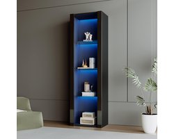 HAUSS SPOLE Vitrinekast 55x38x166cm - Buffetkast met Glasplaten en LED-Verlichting - Modern Design - Spaanplaat - Zwart