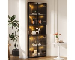 HAUSS SPOLE Vitrinekast - Driehoekige Hoekkast Met Glasdeuren En Ledverlichting - Open Middenvak Voor Woonkamer - MDF - 62x32x160 Cm - Zwart