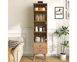 HAUSS SPOLE Vitrinekast - Glazen Deur Met Verstelbare Planken En 2 Lades - Voor Woonkamer Badkamer Of Kantoor - MDF Houtlook - 39,8x35x160 Cm