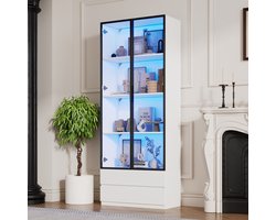HAUSS SPOLE Vitrinekast - Staande Glazen Vitrinekast Met 2 Deuren En 2 Laden - LED Verlichting App Bedienbaar - 80x34x200 cm - Spaanplaat - Wit