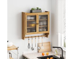 HAUSS SPOLE Wandkast - Vintage Glazen Dubbele Deur Met 3 Planken - Wandmontage Voor Badkamer En Keuken - Hout En MDF Met Geribbeld Glas - 63x60x18 cm - Natuurlijk