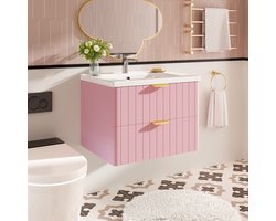 HAUSS SPOLE Wastafelmeubel Hangend - Enkel Wastafel met Dubbele Opbergruimte - Vochtbestendig MDF Melamine - Keramische Vuilafstotende Wastafel - Roze Wit