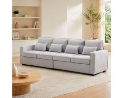 HAUSS SPOLE Zitbank - 4-Zits Sofa - Met Armleuningvakken En 4 Kussens - Hoge Rugleuning - Voor Woonkamer Appartement En Kantoor - Linnen Grijs