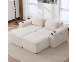 HAUSS SPOLE Zitbank - Modulaire 2-Zits Bankset - Met 2 Hockers, Bekerhouders En Opbergvakken - Voor Woonkamer En Appartement - Cordstof Beige