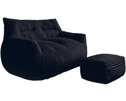 HAUSS SPOLE Zitzakstoel - Dubbele Loungestoel Met Voetenbank - Ergonomisch En Direct Klaar Voor Gebruik - Voor Woonkamer En Slaapkamer - Flanel Zwart